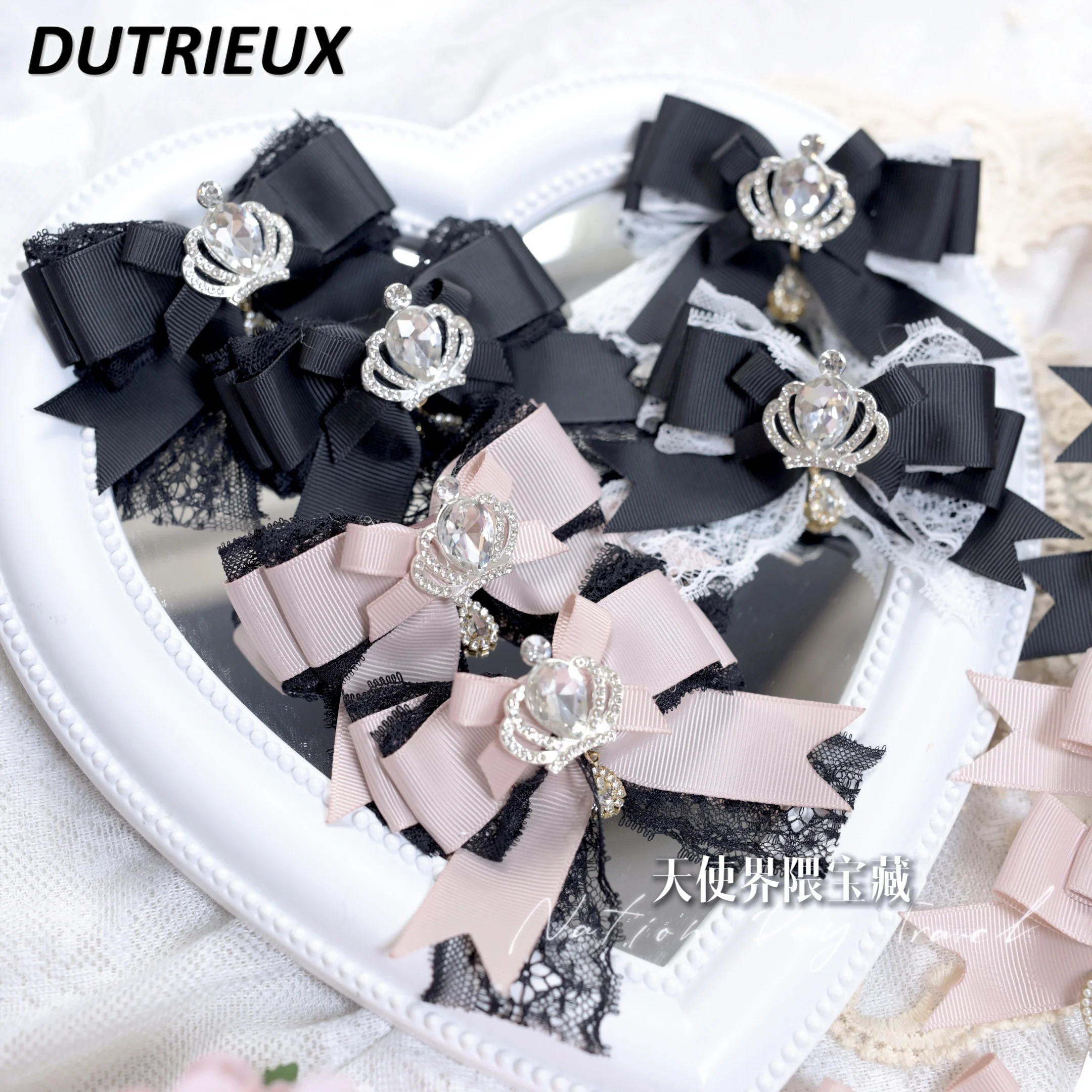 Mine Mass-Produced Crown Rhinestone Lace Ribbon Bowknot Headdress Lolita Hair Clips Sweet Cute Girl Double Ponytail Hairpin