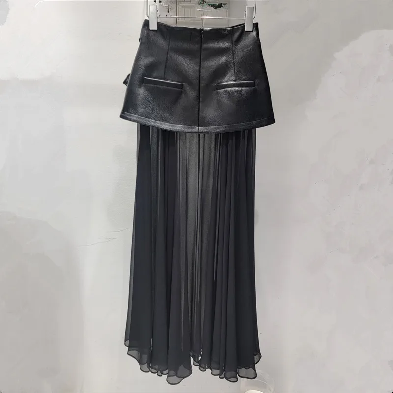 Chic Women Mesh Splicing Pleated Irregular Long Black PU Skirt Sexy A-line Faux Leather Gauze Patchwork Ruched Skirt with Belt