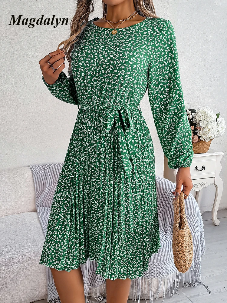 Magdalyn Floral Print Luxury Women's Elegant Dress Fashion Spring Summer Dresses 2024 Ins Long Sleeves Lace Up Basic Pleat Skirt