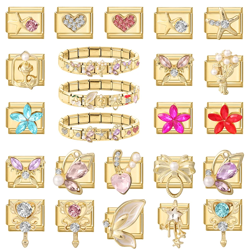 Modisches Zirkon-Kirschblüten-Schmetterlings-Charm-Armband aus Edelstahl, elastisches Armband zum Selbermachen, Schmuckgeschenk, Großhandel