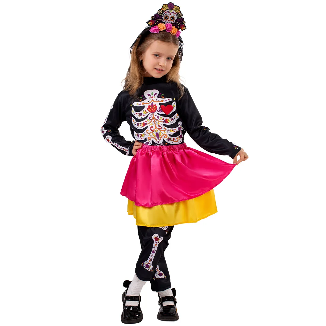 Kids Day of The Dead Cosplay Costume Girl Funny Bodysuit Skirt Set Holiday Party Halloween Carnival Stage Performance Clothes