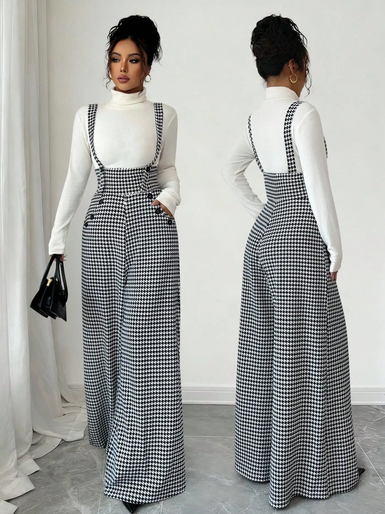 Ladies Elegant Plaid Button Detail Overalls - Fashionable Women's Clothing