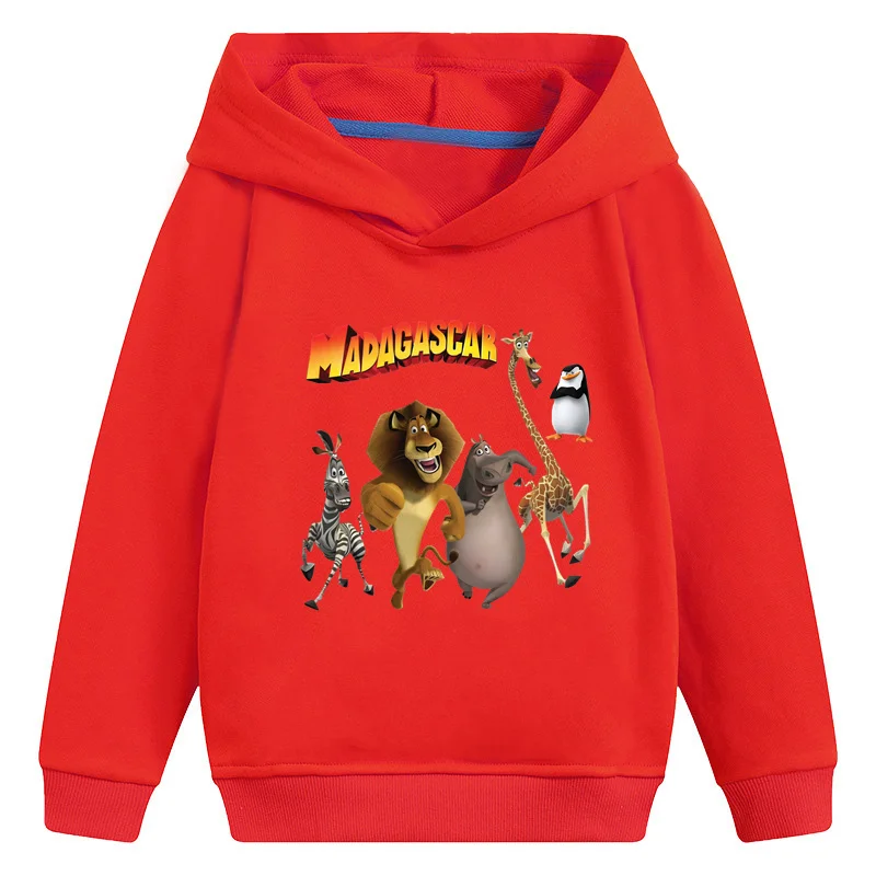 Kids Hooded Hoodies Animals Of Madagascar Lion Zebra Giraffe Cartoon Children Sweatshirts Girls Clothes Baby Boys Pullover Tops