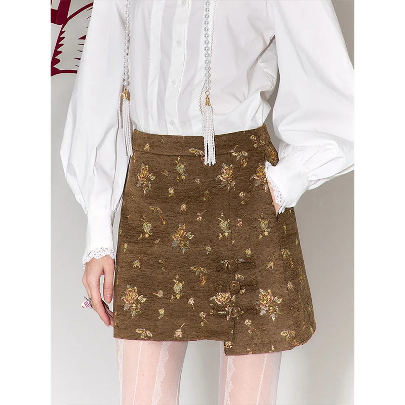 

Женская коричневая мини-юбка ELFSACK с 3D цветочной вышивкой, юбка трапециевидной формы с высокой талией, уличная одежда в винтажном стиле