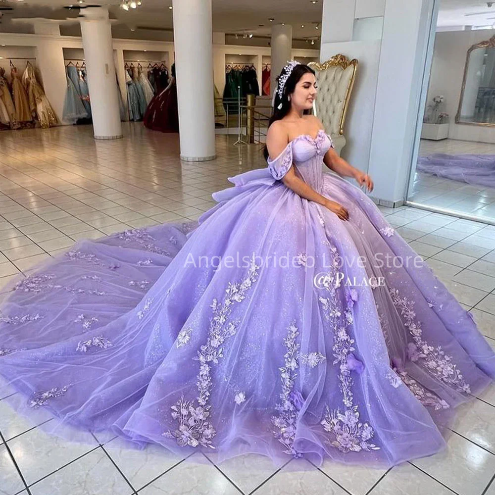 

Angelsbridep Лавандовые платья Quinceanera с 3D аппликацией длинный шлейф бальное платье для дня рождения Vestidos De 15 лет Quinceañeras