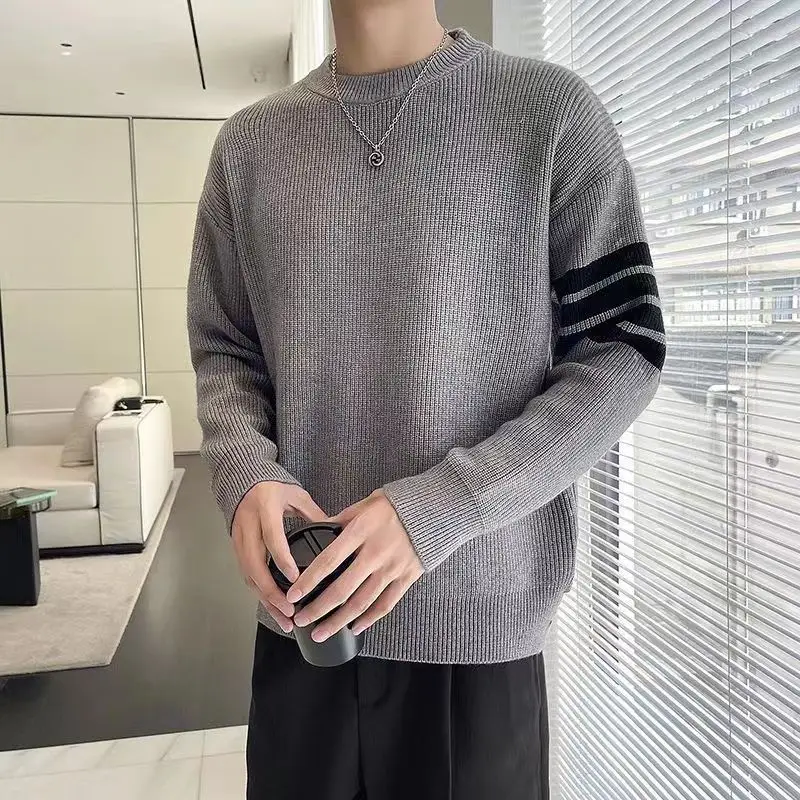 Men's Autumn Winter Round Neck Solid Pullover Screw Thread Lantern Long Sleeve Undershirt Sweater Knitted Office Lady Loose Tops