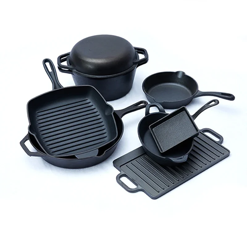 

Cooking Outdoor Kitchen Use Pre-seasoned Cast Iron Cookware Cast Iron Griddle Frying Pan Skillet Set