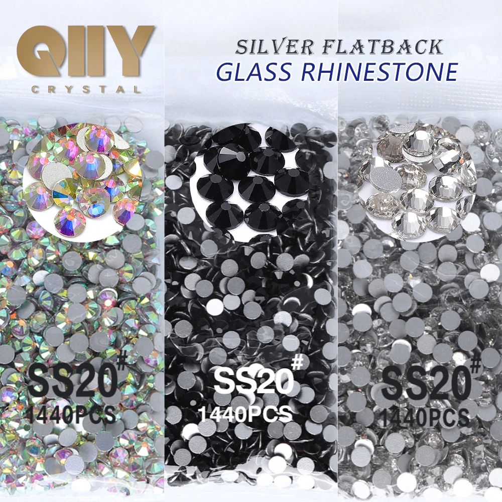Cristales de vidrio de alta calidad QIIY SS3-SS60 Black Crystal AB, brillantes, sin fijación en caliente, con reverso plano, para pegar, piedras 3D para decoración de uñas DIY.