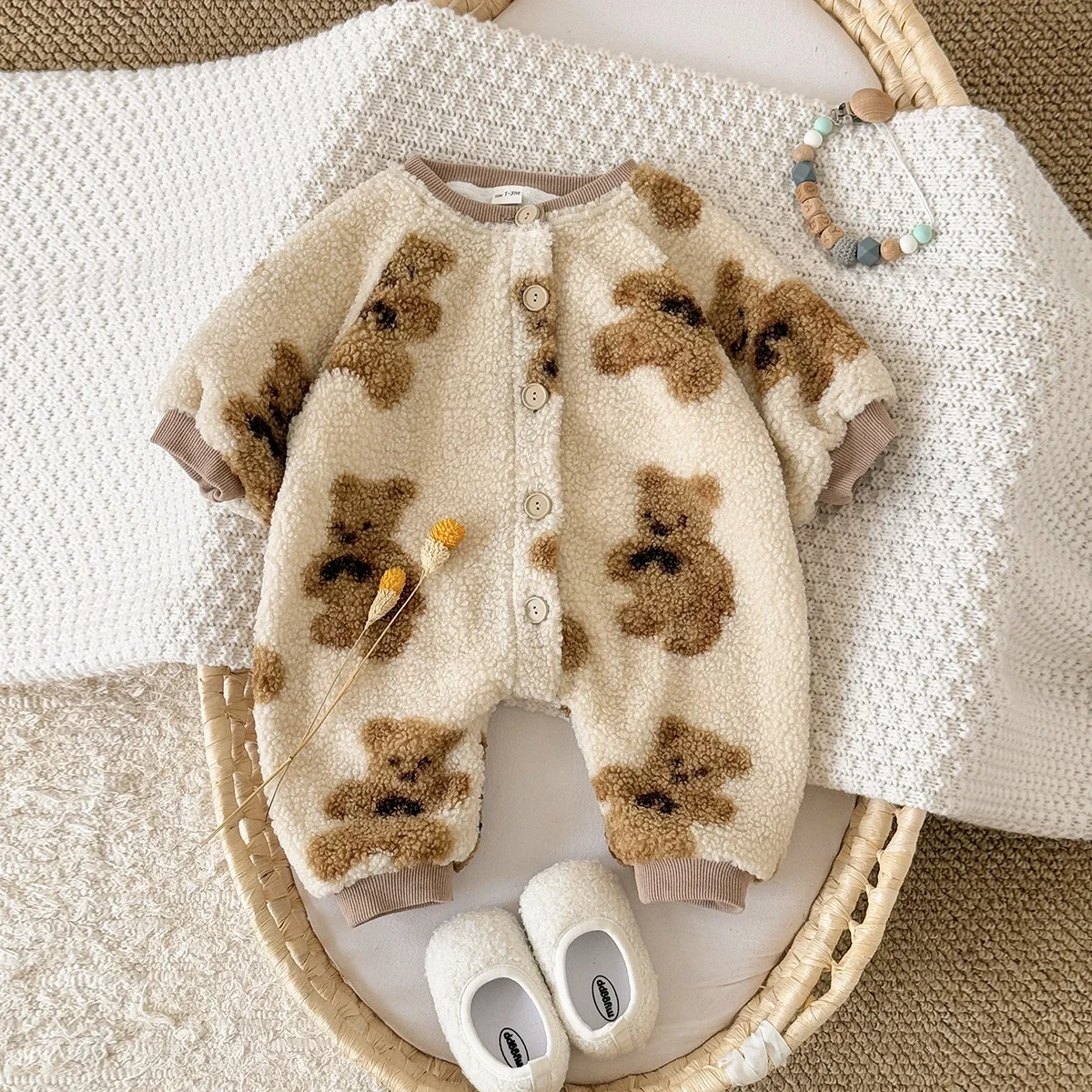 Lamb Fleece Cute Bear Printed Baby Jumpsuit Winter Newborn Baby Girls Boys Long Sleeve Crawling Suit