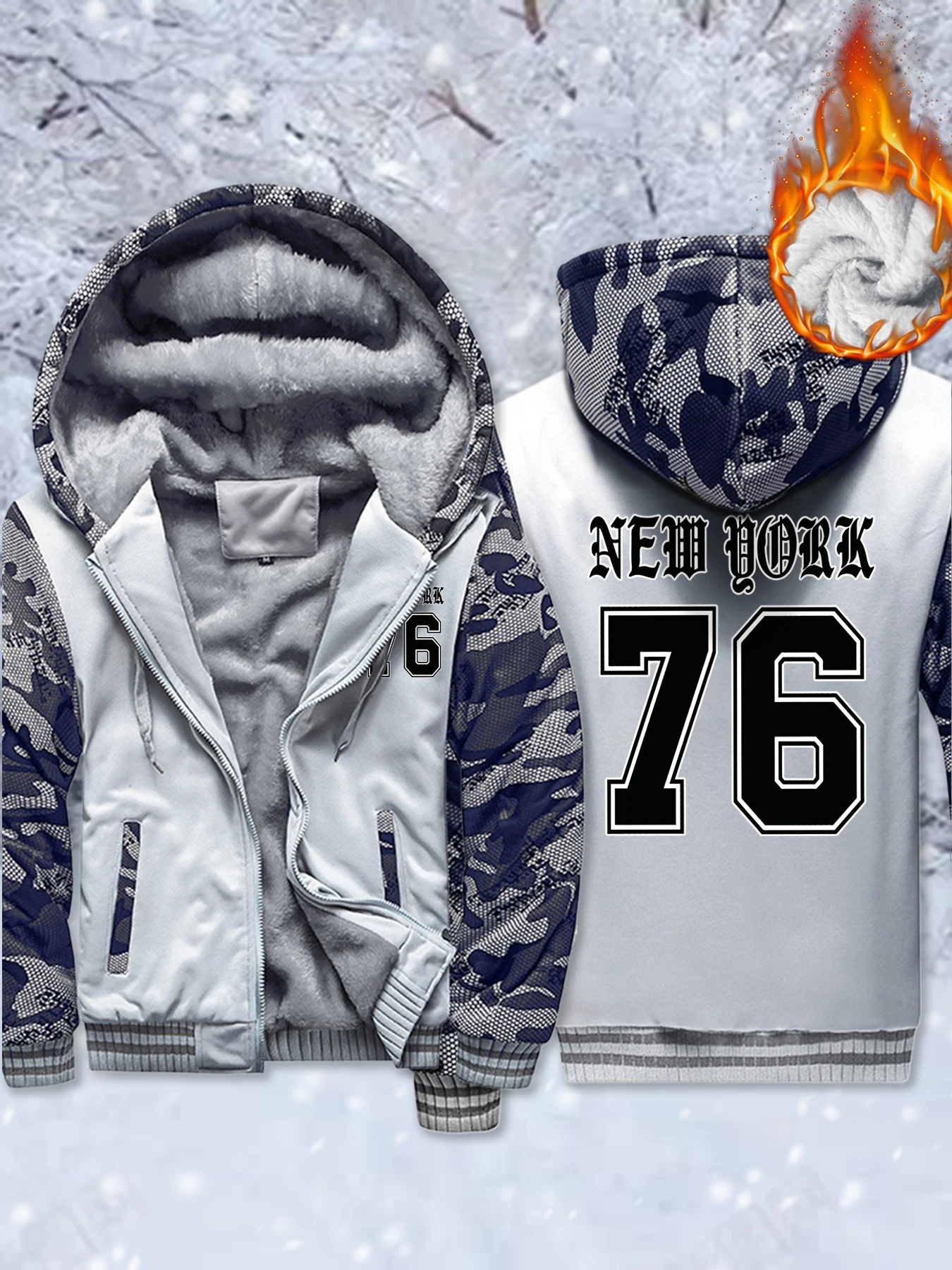 

New York City 76 Printing Men Jacket Fleece All-Match Streetwear Winter Casual Thicken Coats Oversized Zipper Male Hoodies