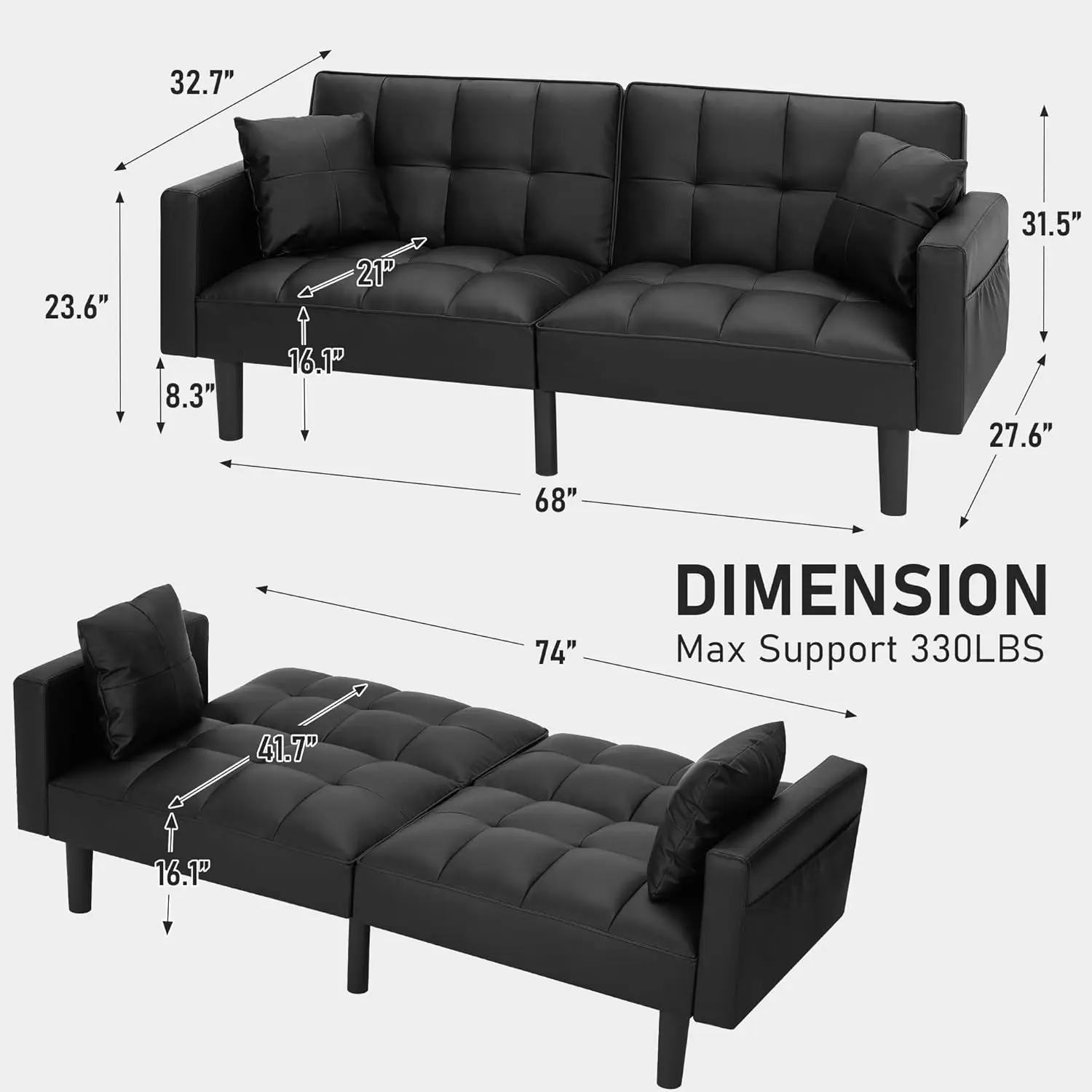 Futon Sofa Bed, Modern Leather Convertible Sofa Bed Upholstered Sleeper Sofa Couch Bed with Adjustable Back, Arms and High