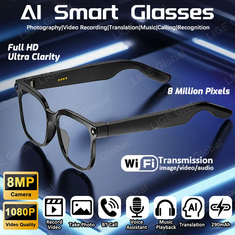 LIGE AI Smart Camera Glasses 8MP HD 1080P Video Record 290mAh Battery Voice Assistant Control Translate Calling Music Sunglasses