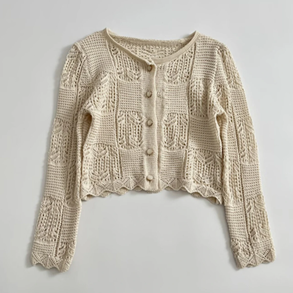 

Jenny&Dave Autumn French Lazy Jacquard Knitted Hollow Beige Sweater Female Elegant Minimalist Knitted Jacket Women Tops