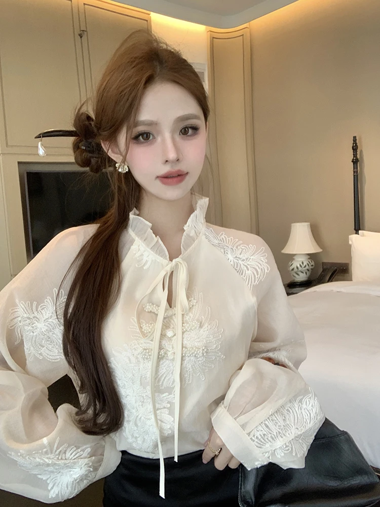 

Элегантная женская рубашка в китайском стиле с вышивкой, приталенная, модная, с рукавами-фонариками, красивая, для весеннего гардероба