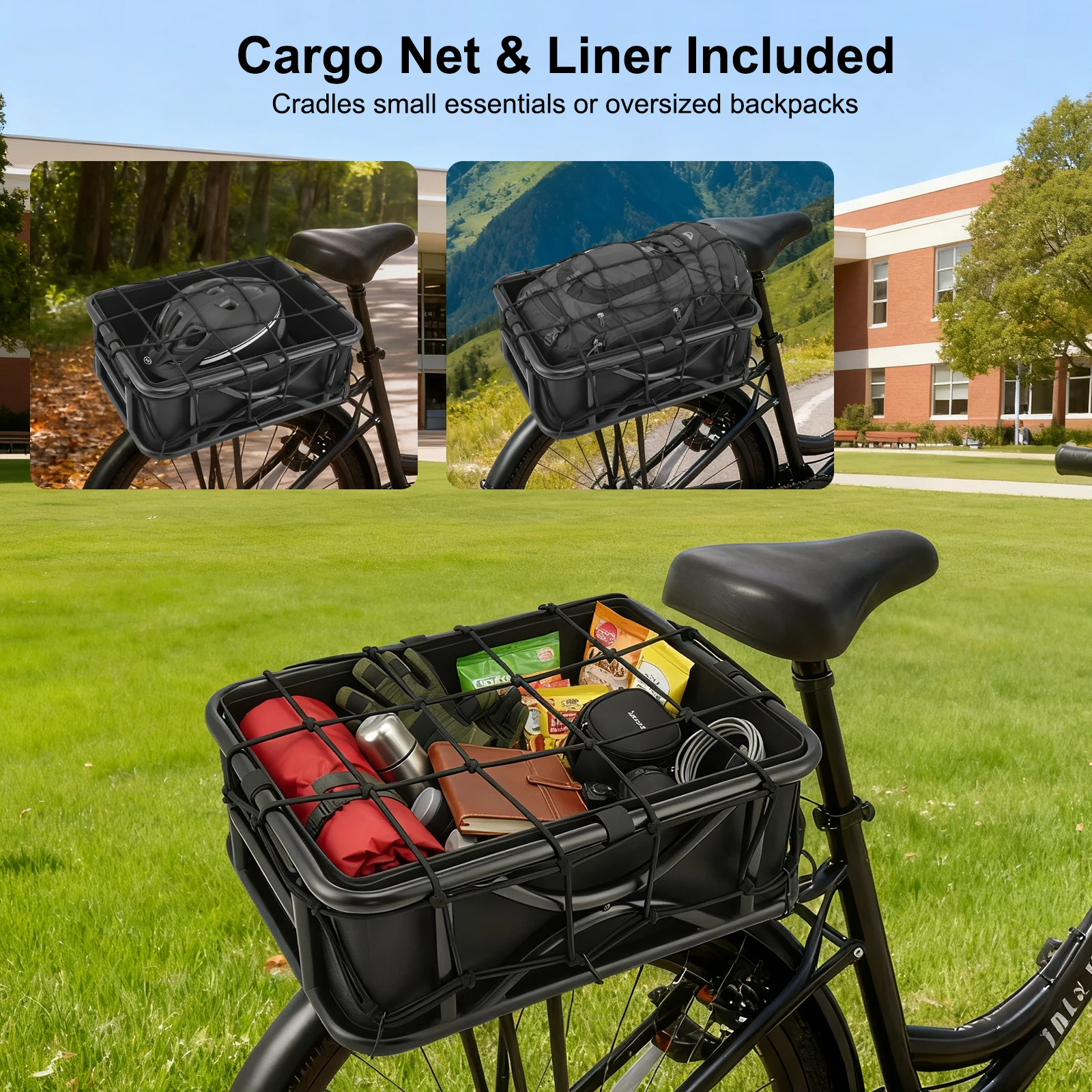 Image of Fahrradkorb für Gepäckträger, Fahrradkorb 43x32x15cm, Fahrrad-Gepäckträger mit Innentasche, Gepäcknetz und wasserdichter Regenhülle, Fahrradkorb zum Einkaufen, für Haustiere, für Lebensmittel.
