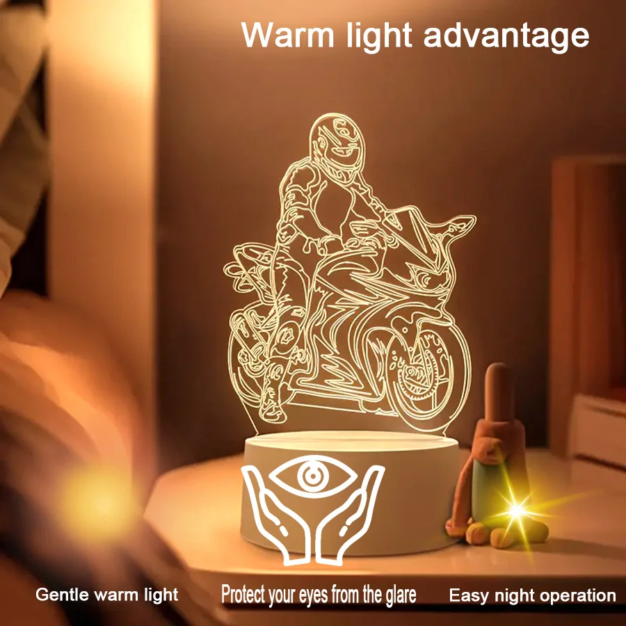 3Dライディングバイクナイトライト、部屋やリビングルームのテーブル装飾ライト、ホリデーギフト、色調整可能。