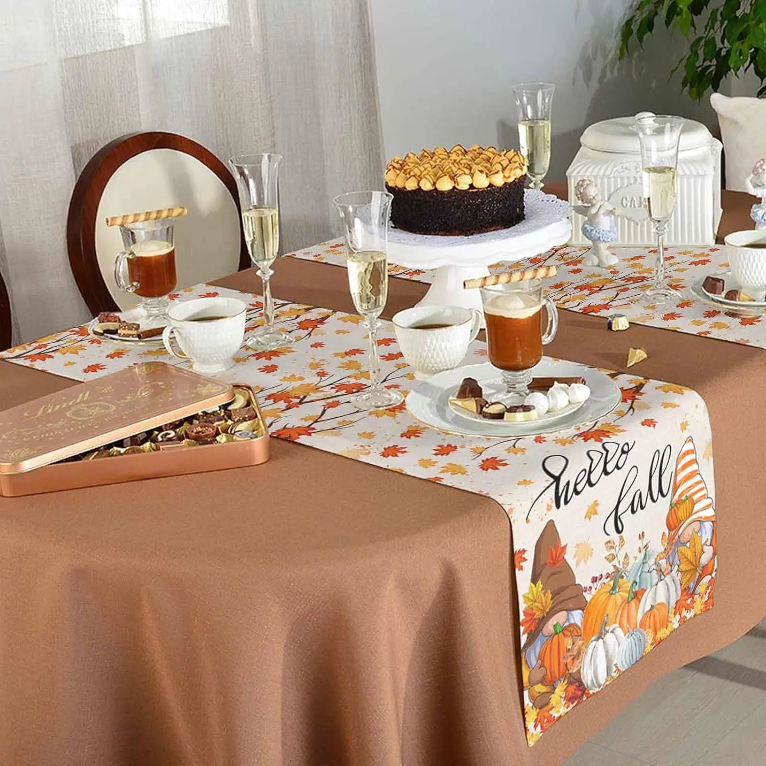 Autumn Gnome Pumpkin Thanksgiving Linen Table Runner Hello Fall Maple Leaf Table Runner Holiday Party Kitchen Dining Table Decor