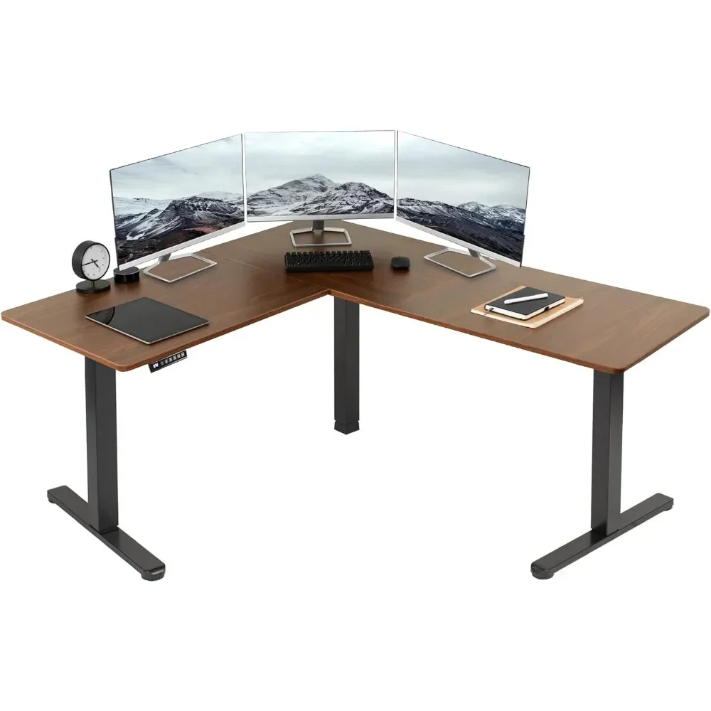 Electric Corner L-Shaped 63 X 55 Inch Standing Desk, Height Adjustable, Memory Controller, Dark Walnut Top Black Frame