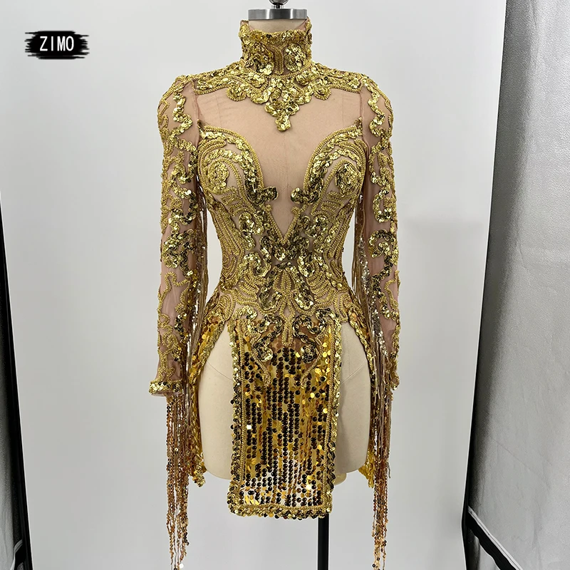 Vestido de lentejuelas transparentes de malla con flecos dorados para mujer, vestido de bailarina latina, disfraces de drag queen para escenario,