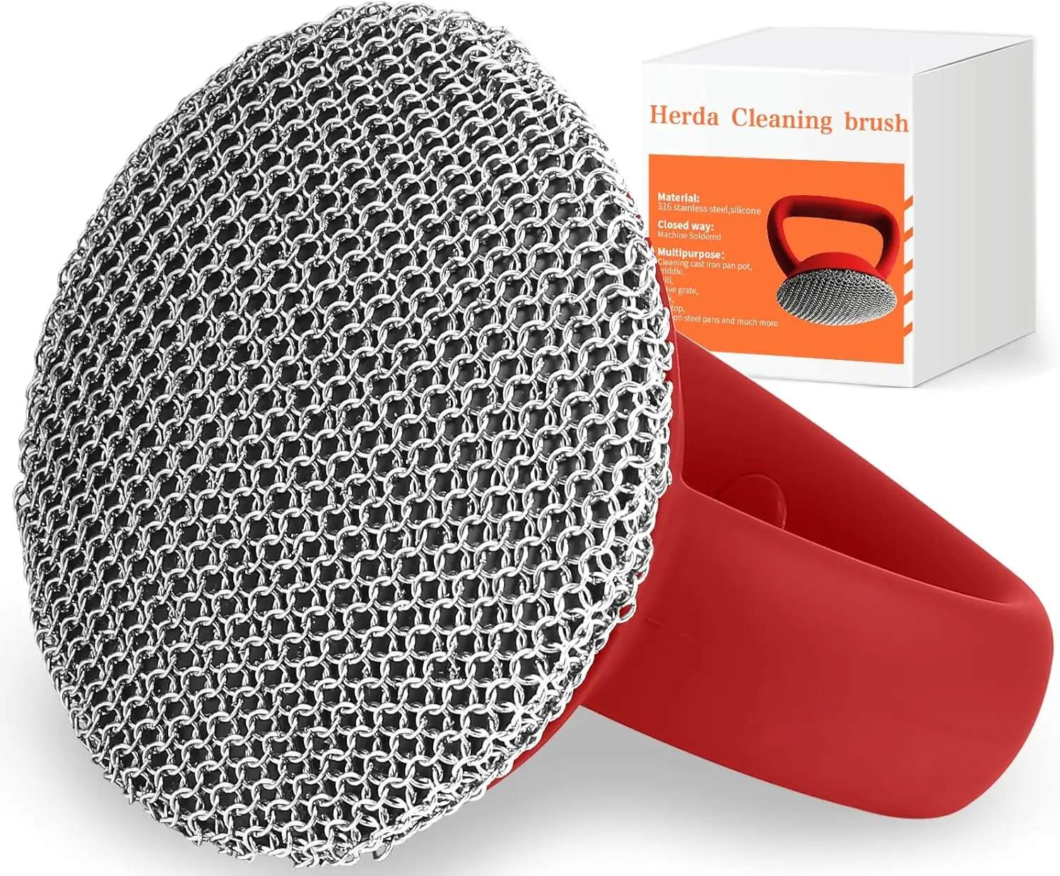 

Heavy Duty Cast Iron Scrubber with Silicone Handle, 3mm Chain Mail for Pan Pot Grill Cleaning