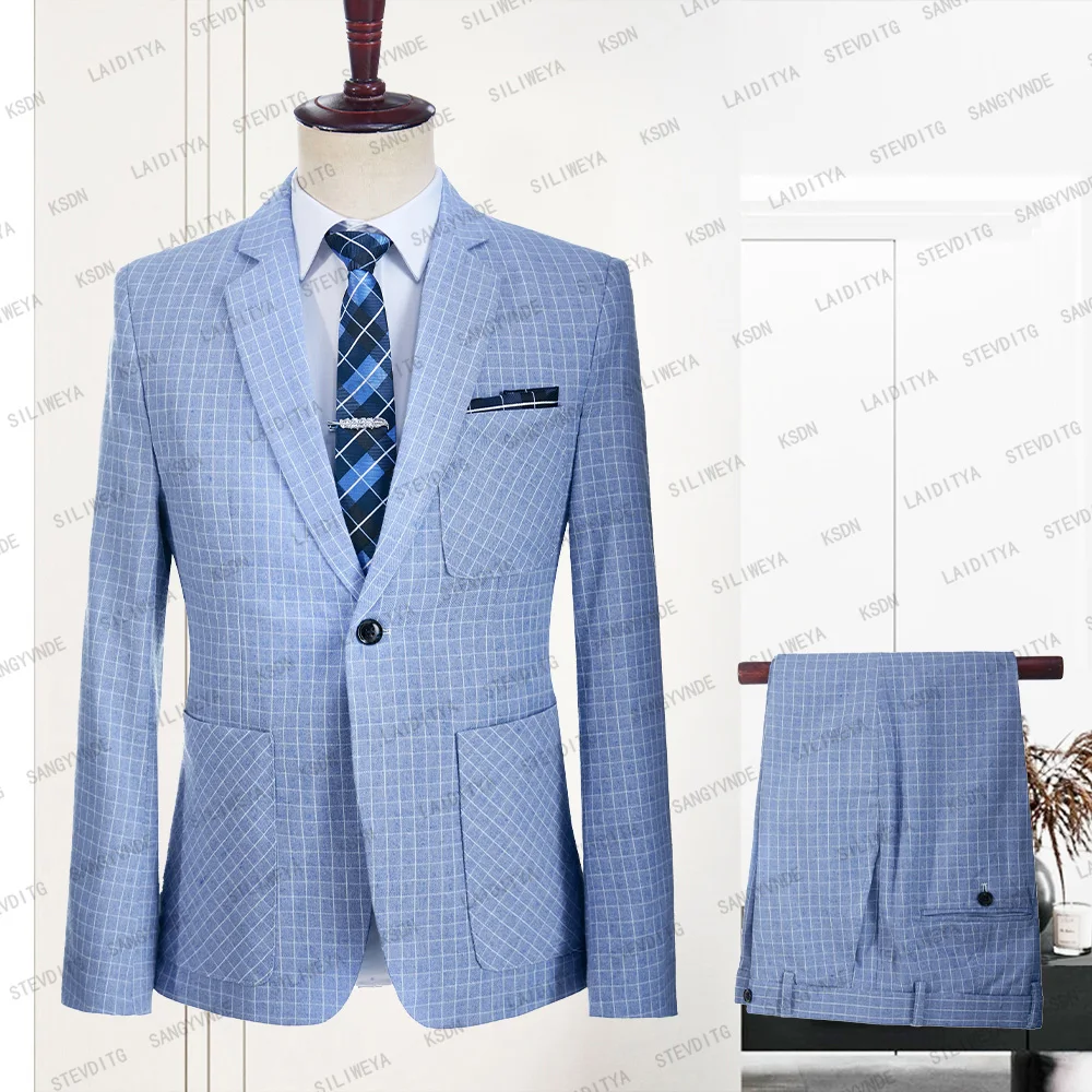 2023 New Men Summer Casual Business Suits Blue White Reto Classic Plaid Slim Fit Popular Wedding Tuxedo 2 Pcs Set Jacket Pants