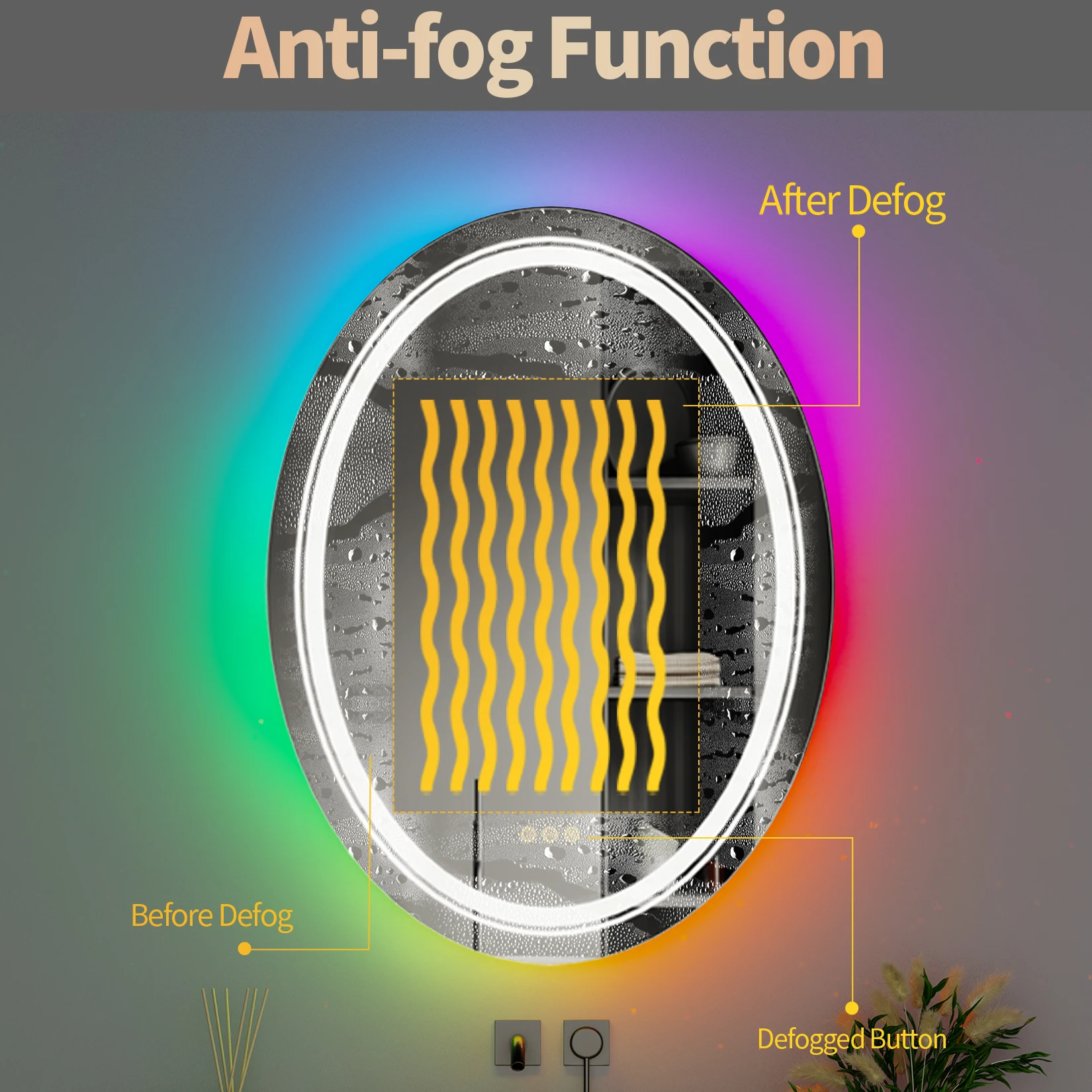 Imagem -05 - Luvodi Rgb Espelho do Banheiro com Luz Inteligente Oval Led Dimmable Anti-nevoeiro Espelho do Chuveiro com Tela de Toque