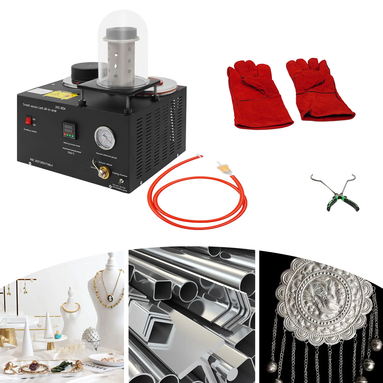 Vacuum Casting Machine 1500W 2102°F Jewelry Melting Furnace with Crucible Tongs for Gold Silver Brass