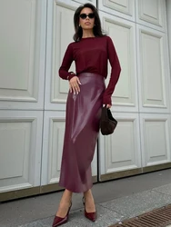 Trenwaite-Jupe longue fendue taille haute pour femme, jupes en PU vintage sexy, jupe bordeaux élégante pour femme, fête et club, mode mince, 2024