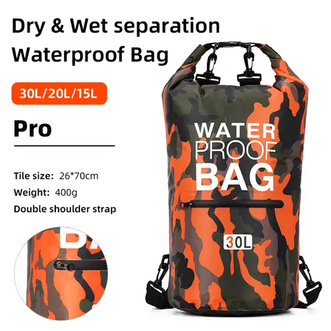 Bolsas secas impermeables de 30L y 15L con bolsillo de separación húmeda, mochila para kayak, canotaje, natación, bolsa para deportes al aire libre XAZ9