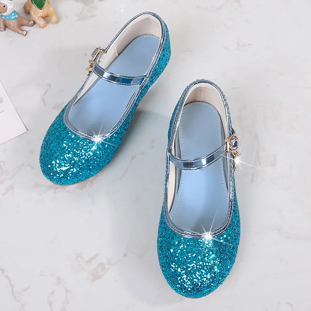 Princess Kids Girls Party Shining Dance Shoes Anti-slip Soft Children Sequins High Heels Shoes Birthday Holiday Casual Shoes