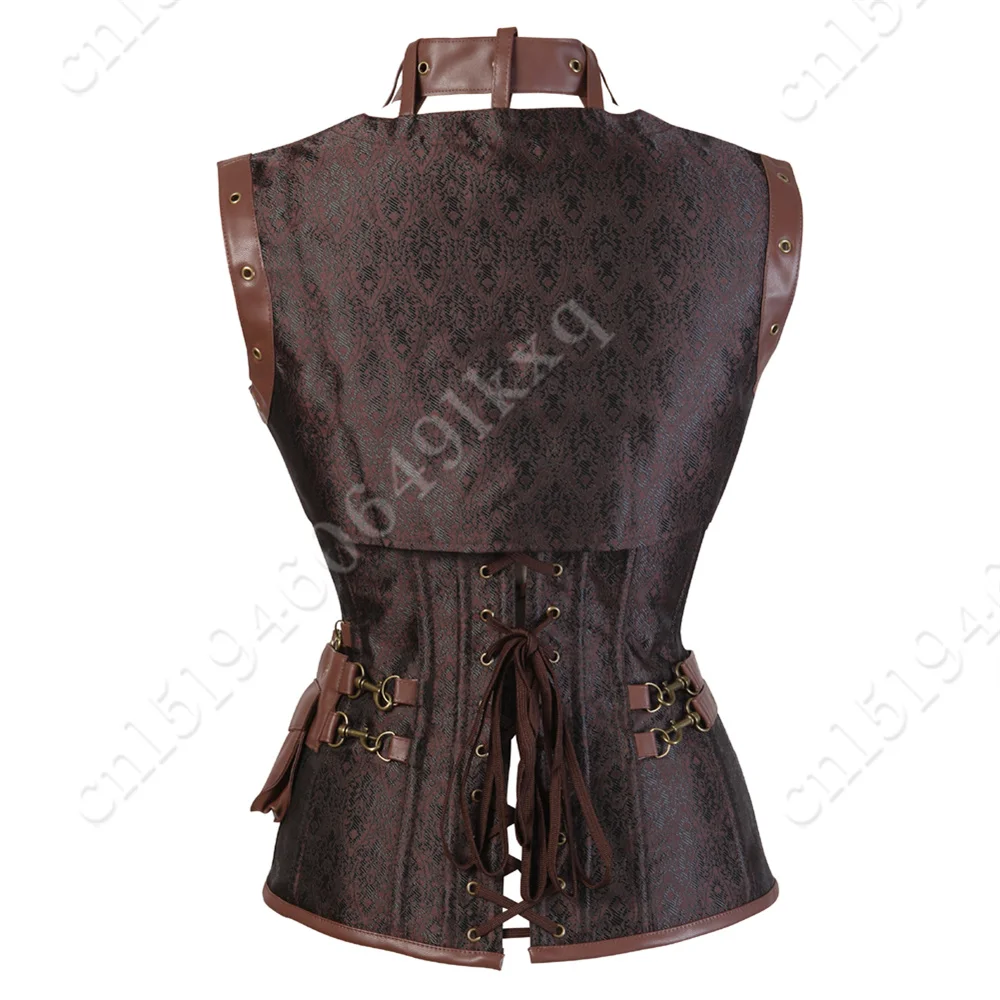 Steampunk Corsets for Women Gothic Corset Bustier Zipper Plus Size Vintage Faux Leather Corset Top Brown