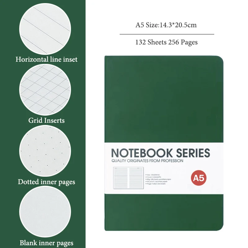 Capa dura impermeável Cover Diary para Office Student, A5 Notebooks,4 tipos, 132 folhas, 256 páginas, QP-60