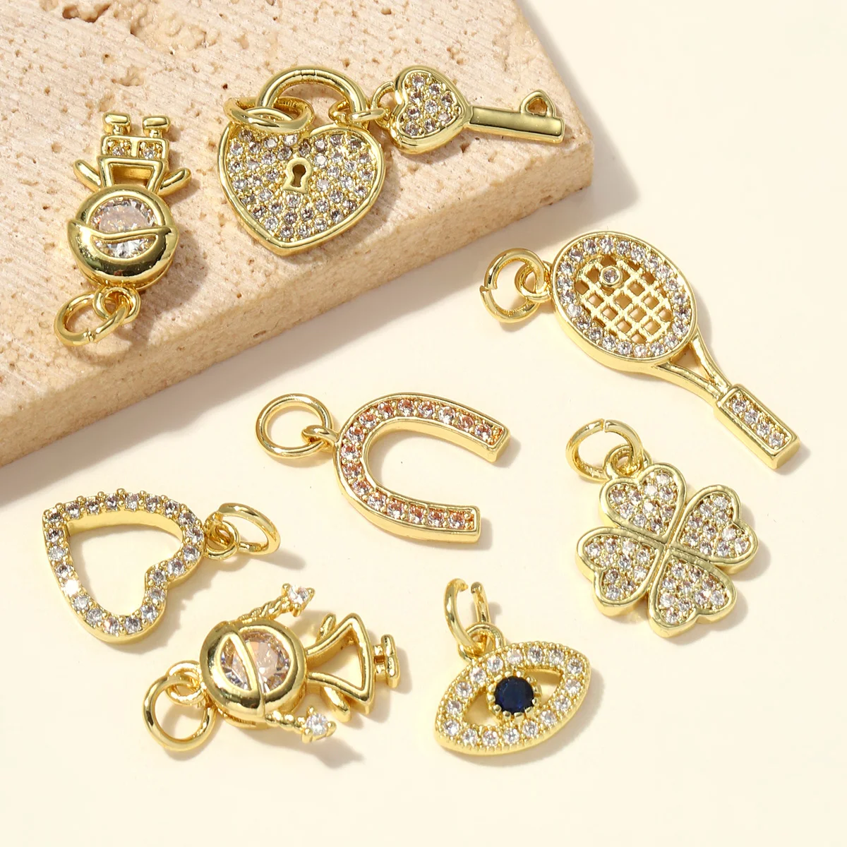 5pcs/Lot 18K Gold Plated Girl Boy Cross Copper CZ DIY Charm Women Zircon Heart Key Evil Eye Racket Necklace Pendant Jewelry