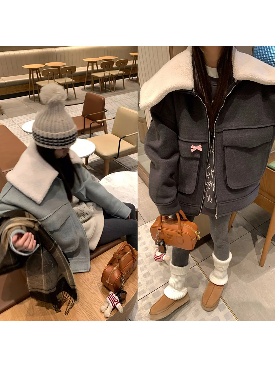 

Warm Cotton Jaet with Fur Collar Loose Fit Autumn Winter New Sle Casual Large ket Zipper Closure Woolen Coat Outerwear