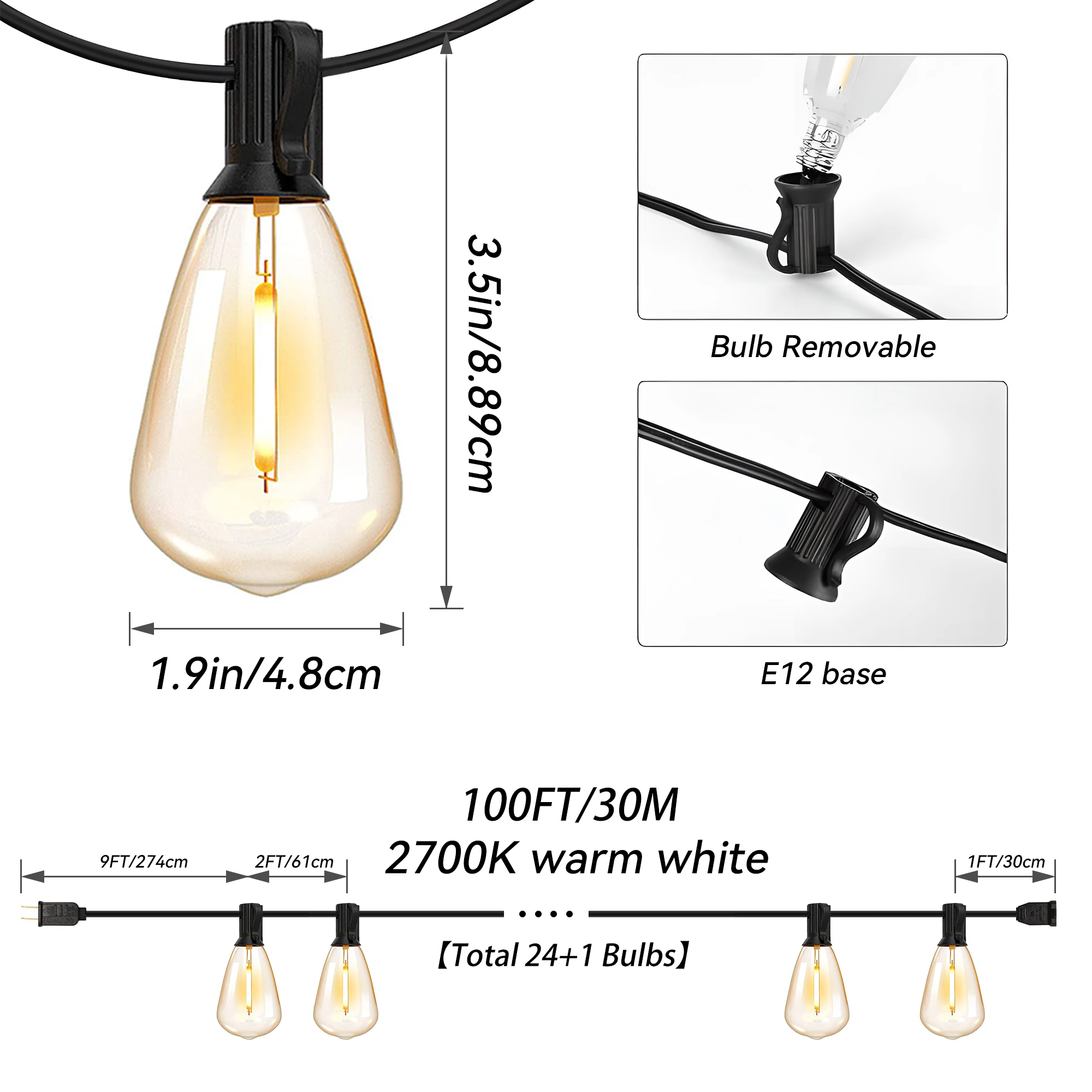 100ft Outdoor String Lights Waterproof, ST38 Globe Led Patio Lights with 24 Edison Vintage Bulbs, Connectable Outdoor Lights for