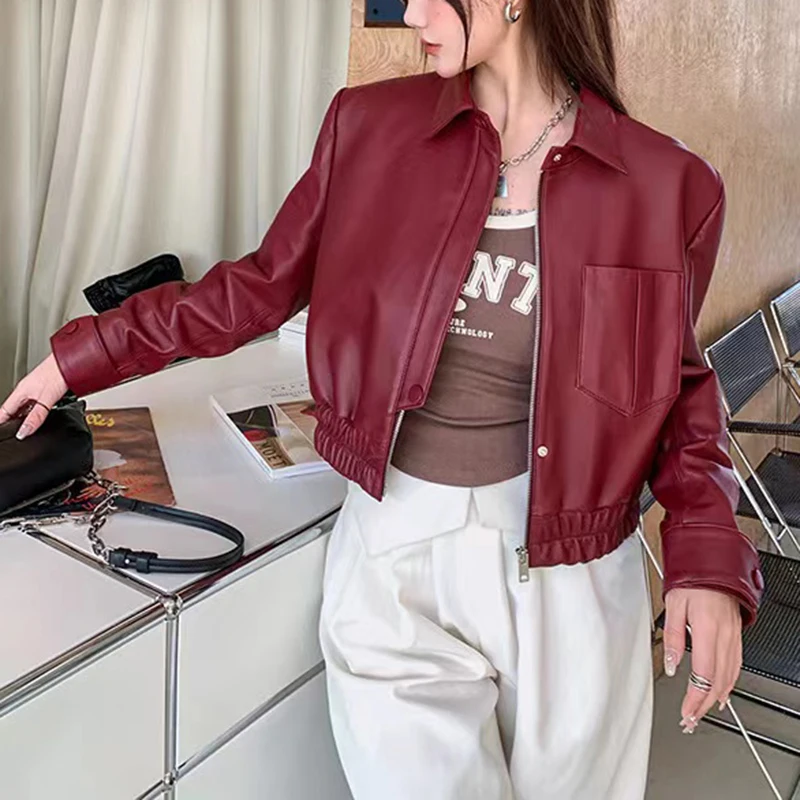 แจ็คเก็ตสตรีฤดูใบไม้ผลิหนังแท้ Street สไตล์ความยาว48ซม.Lapel Zipper ยืดหยุ่น Burgundy สั้น Jaqueta De Couro legítimo