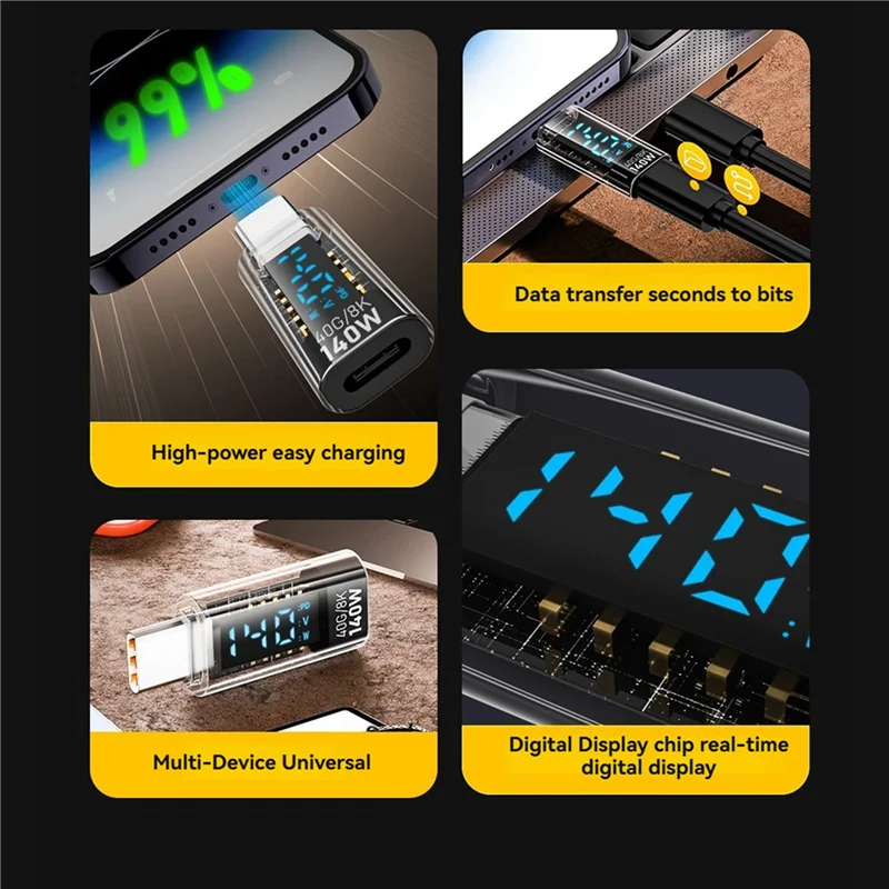 3CGRO-3X USB C Adapter LED Wattage Display 140W 40Gbps USB C Extension PD3.1 Type C Connector Type C Power Meter Tester Black