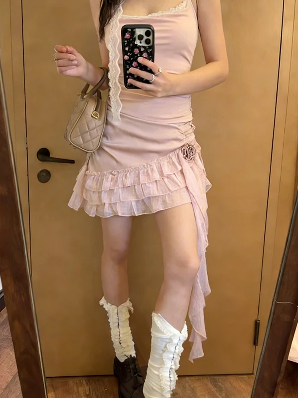 

Paris Night Summer Design Lace Sweet Spicy Pure Desire Strap Vest High Waist Short Halftime Skirt Fashionable Set Women's Fas...