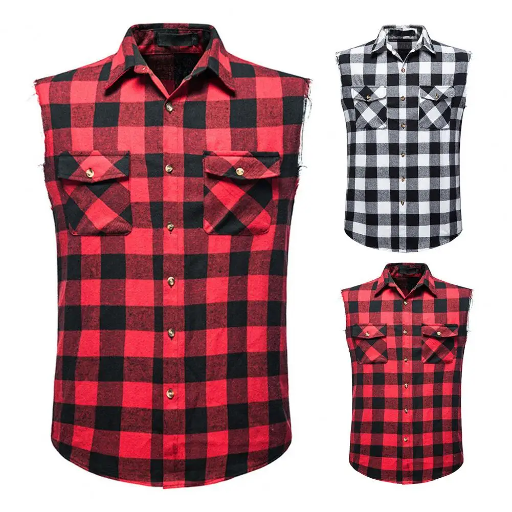 Cotton Linen Men's Shirt Sleeveless Fashion Lapel Flap Pockets Single Breasted Men Shirt Summer Plaid Print Sleeveless Shirt