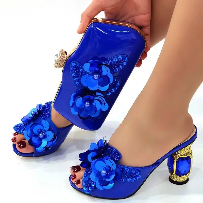 

Hot Sale Blue Women Shoes Match Purse With Rhinestones And Beads Flower Style African Dressing Pumps And Bag Set CR523,Heel 9CM