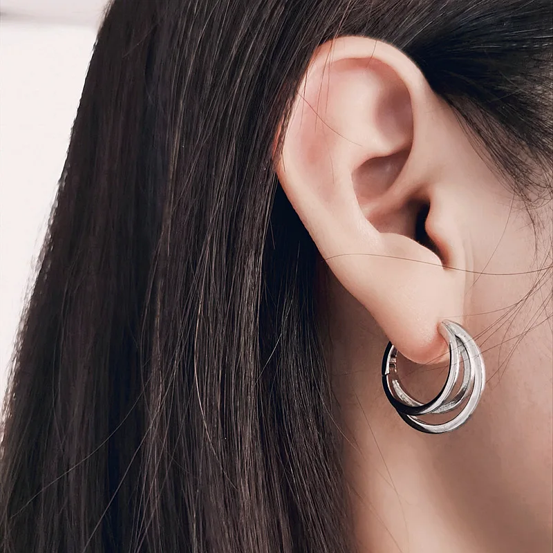 Fashion Jewelry, S925 Silver Hoop Earrings for Women, Who Love Geometric Lines and the Cool Style of Three Lives Three Worlds