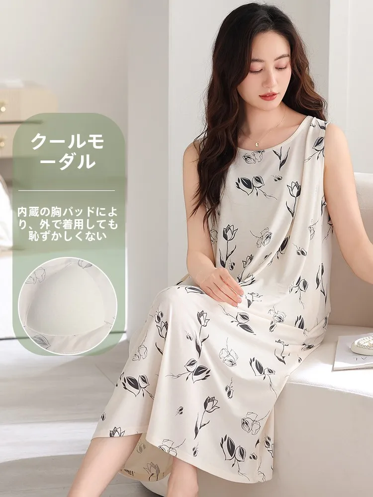 2026年新作-モダール素材-ノースリーブ-レディース-ネグリジェ-胸パッド付き-ホームウェア-快適で通気性のあるラウンドネック-プルオーバー-ストライプ柄