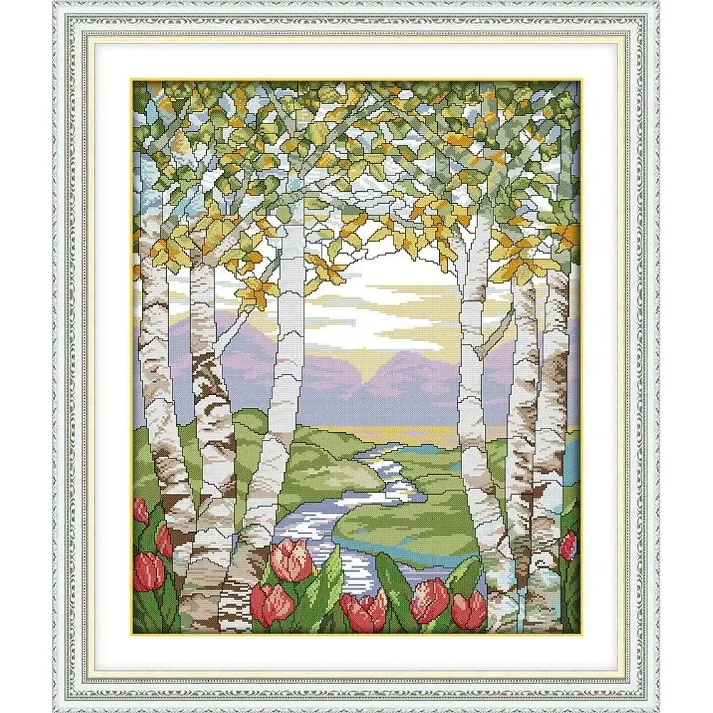 Joy Sunday News Printed Cross Stitch Kit ,  Easy Sewing Pattern for Beginner  Stamped Fabric Embroidery Set-Birches in The Summe