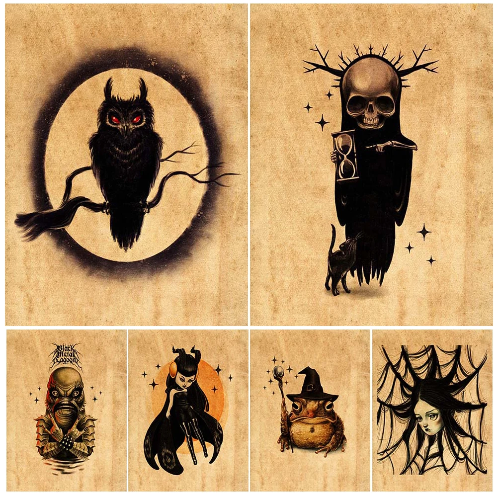 Full Moon Night Owl,Moth Girl,Toad Wizard,Siren Abstract Wall Art Canvas Print Occult Creatures From Folklore Art Poster Print