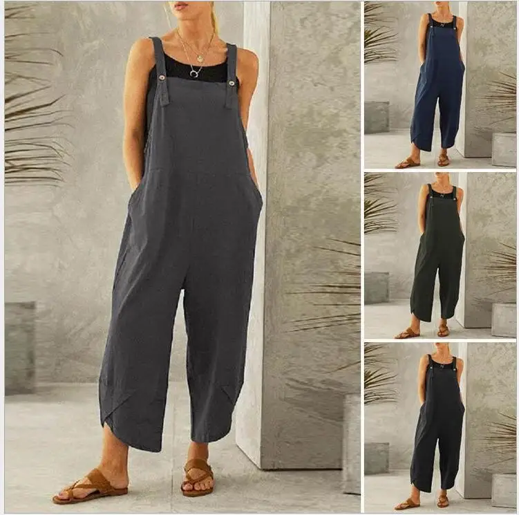

Women Oversized Loose Shorts Fashionable Simple Solid Color Comfortable Cotton Linen Jumpsuit Summer Strap Pants Casual Wide Leg