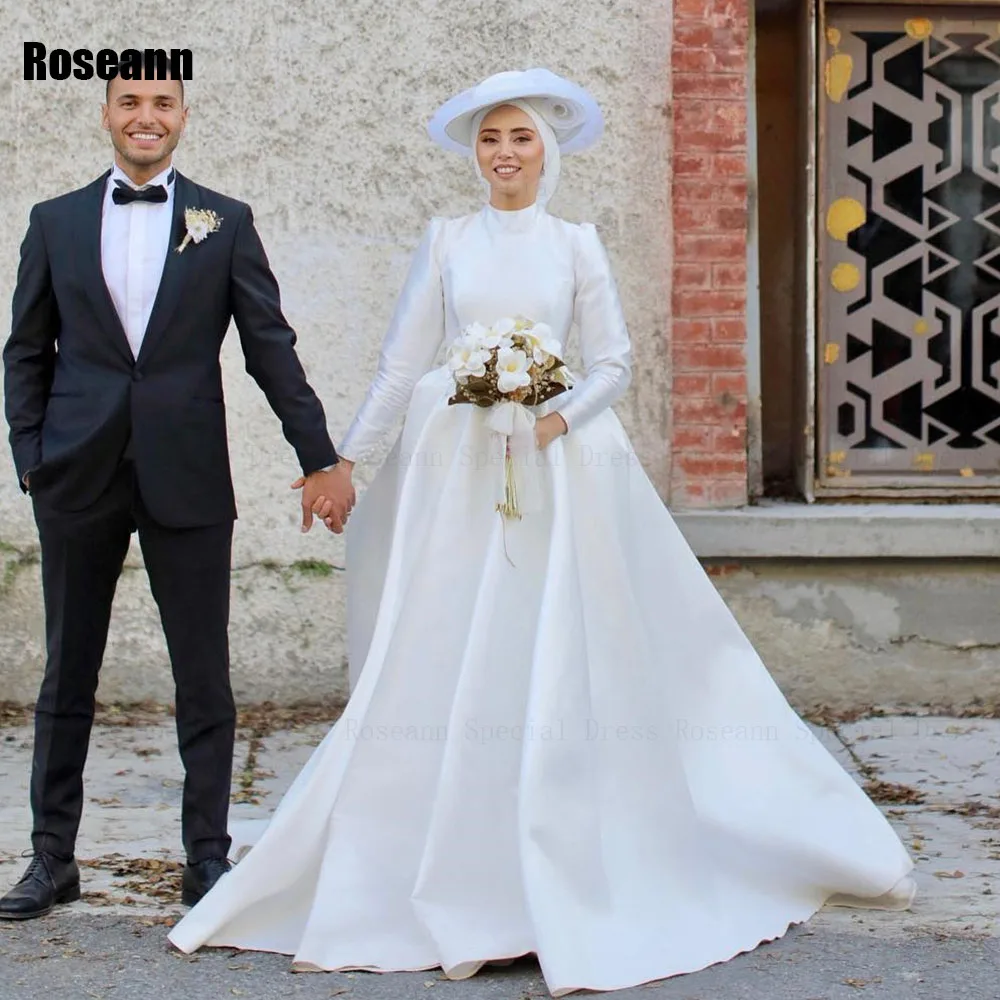 Muslim Exquisite 2024 New Design Ivory A-line Wedding Dresses Button Full Floor Length Bride Dress Brush Train robe de mariée