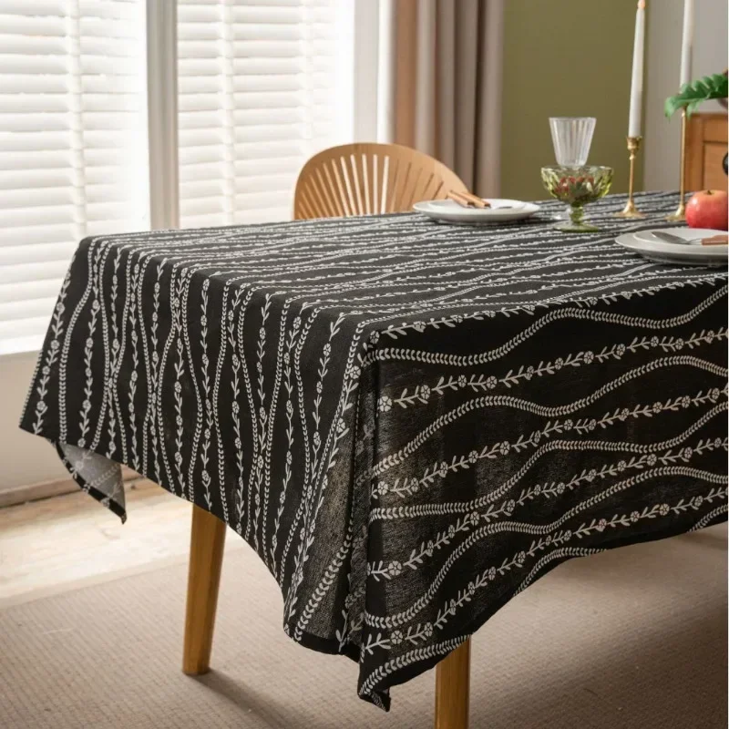 

Tablecloth Square Black Curved Flower Stripes Pastoral Style Cotton Linen Home Kitchen Dining Table Decoration for Party Wedding