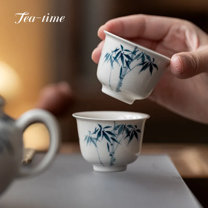 

Hand Painted Blue Bamboo Tea Cup Pair Cups Teacups Porcelain Ceramic Tool Puera Teacup Supplies Beautiful Unusual Maker Bowl