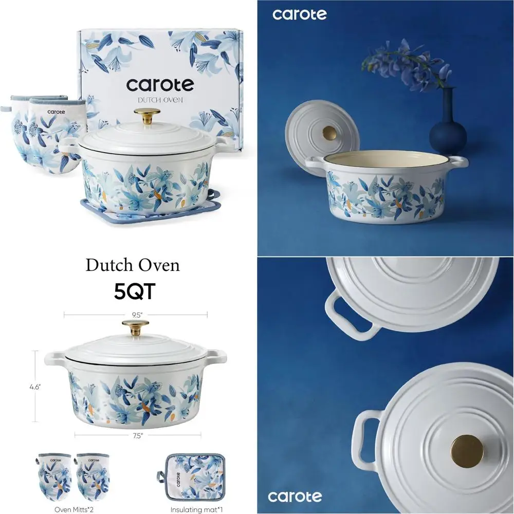 

Enameled Cast Iron Dutch Oven with Lid, Cotton Potholders & Oven Gloves, Ideal for Bread Baking, Braising, Stews, Roasting, All