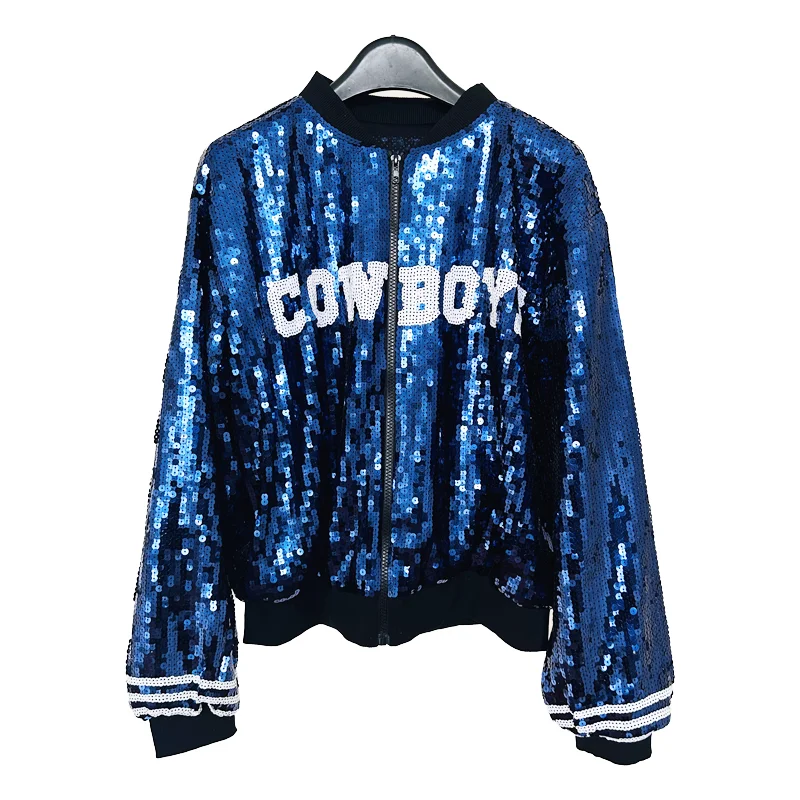 

Game Day Blue Cowboys Sequin Letters Bomber Jakcets